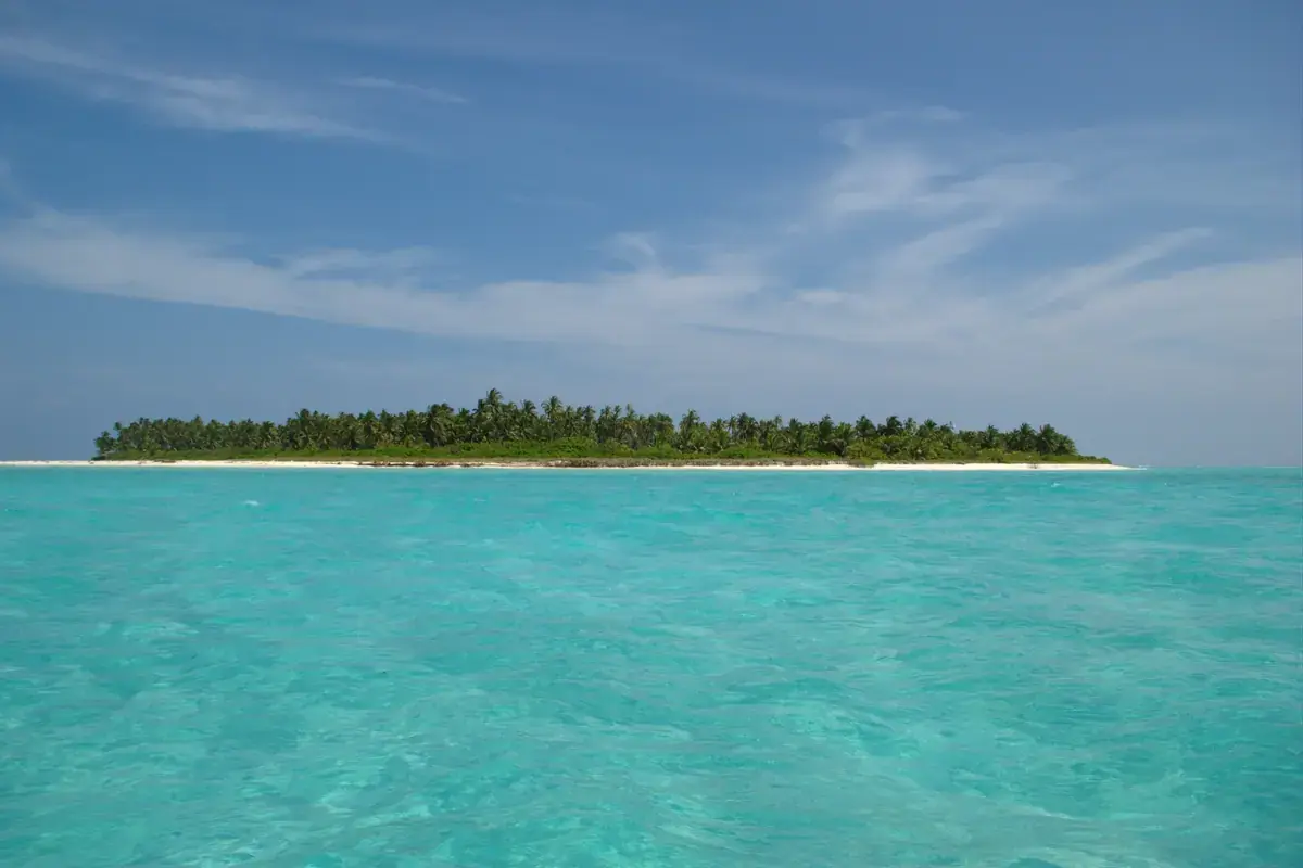 Aerial view of a Lakshadweep island surrounded by turquoise water